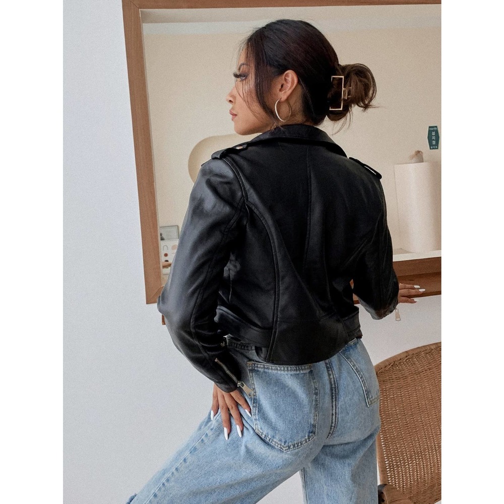 minimalist belted vegan Leather Jacket motorcycle jacket moto black - Picture 2 of 7